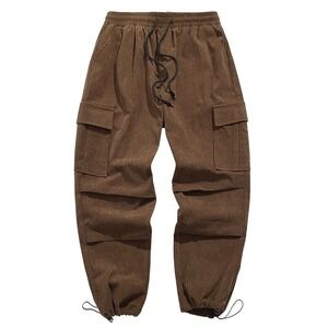 Brown Corduroy Cargo Pants Mens Casual Drawstring Joggers Trousers‎